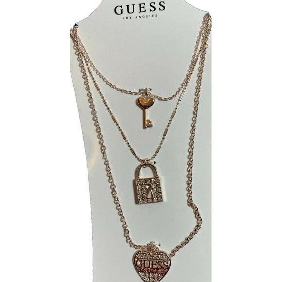 Guess Rose Gold Pave Crystal Lock-Key-Heart Charms Triple Strand Chain Necklace - Picture 7 of 7